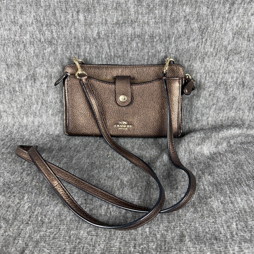 Coach Crossbody Bag Womens Small Bronze Metallic Leather Zip Pocket Purse F38289